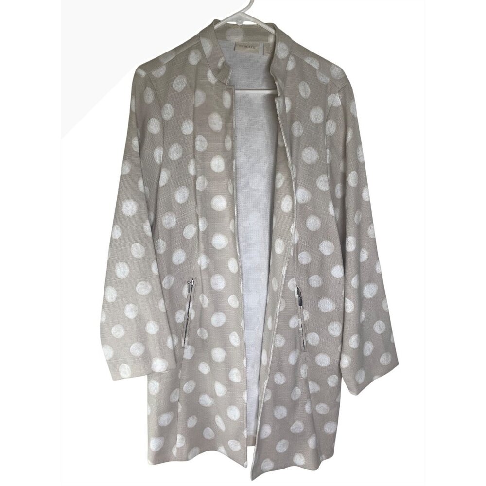 Chicos 2 Linen Blend‎ Cardigan Womens  L 12/14 Beige/White Polka Dot Long Open